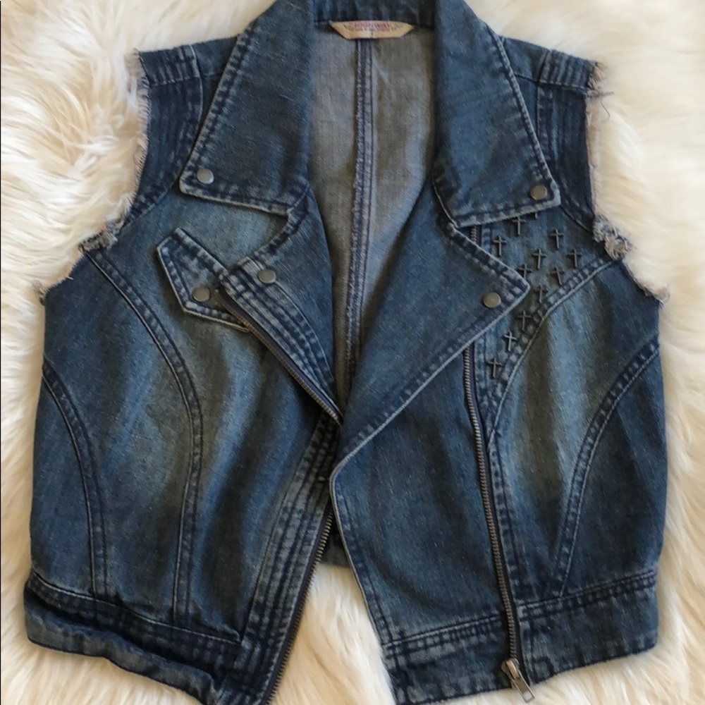 Cross Embellished Denim Vest